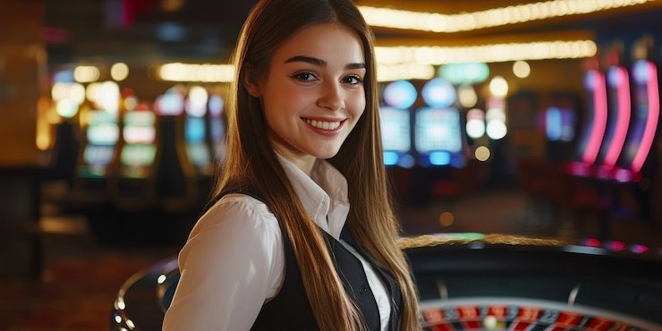 Antarmuka meja Live Baccarat hugotogel dengan dealer dan pemain di layar